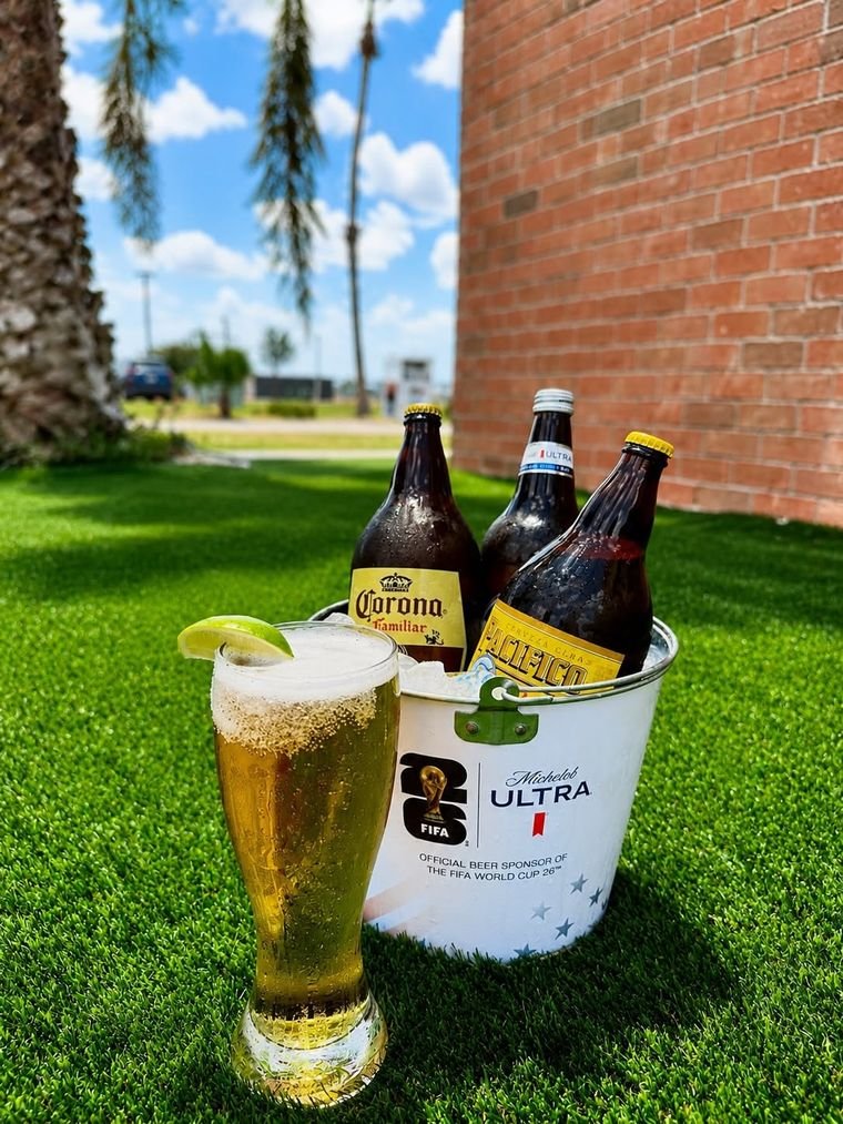 Ice-cold beer bucket with Corona, Pacifico and Michelob Ultra, served with a cold draft beer